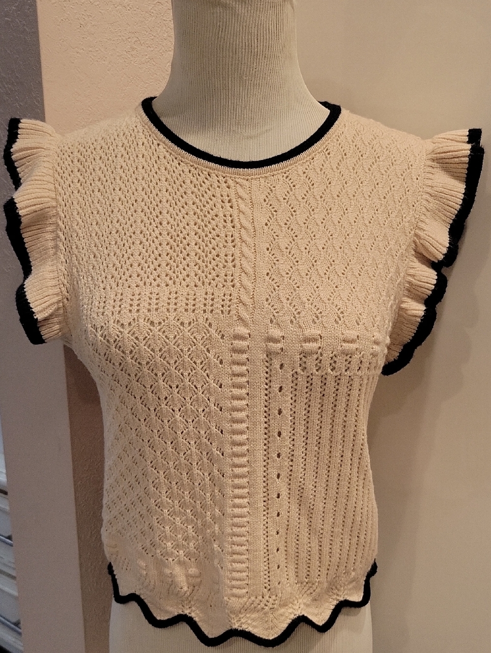 Cream Knit Ruffle Sleeve Top with Black Trim - Picture 1 of 6